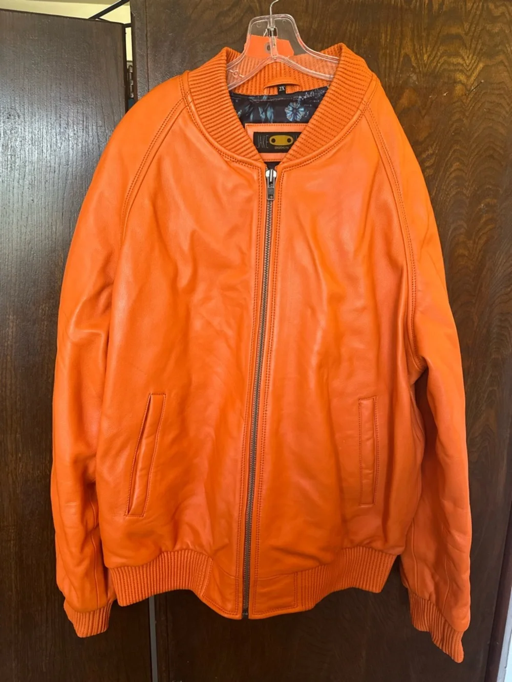 Jake Wood Men's Orange Lambskin Leather Zip-Up Bomber Varsity Jacket Size 2X - Picture 2 of 14